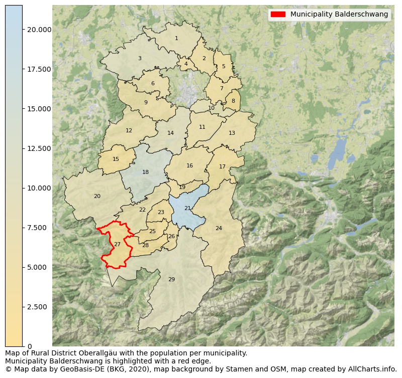 Map of Rural district Oberallgäu with the population per municipality.Municipality Balderschwang is highlighted with a red edge.. This page shows a lot of information about residents (such as the distribution by age groups, family composition, gender, native or German with an immigration background, ...), homes (numbers, types, price development, use, type of property, ...) and more (car ownership, energy consumption, ...) based on open data from the German Federal Agency for Cartography, the Federal Statistical Office (DESTATIS), the Regional Statistical Offices and various other sources!