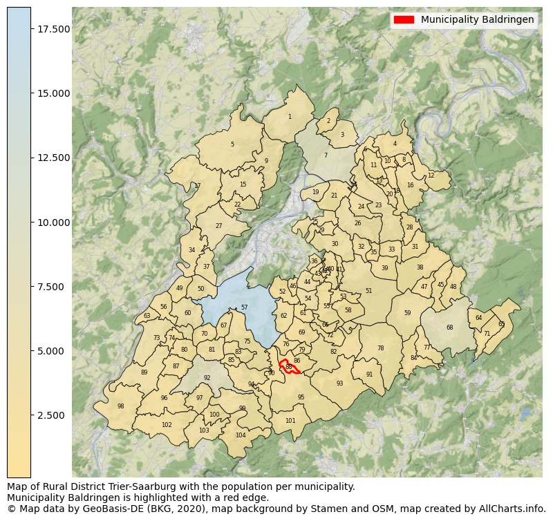 Map of Rural district Trier-Saarburg with the population per municipality.Municipality Baldringen is highlighted with a red edge.. This page shows a lot of information about residents (such as the distribution by age groups, family composition, gender, native or German with an immigration background, ...), homes (numbers, types, price development, use, type of property, ...) and more (car ownership, energy consumption, ...) based on open data from the German Federal Agency for Cartography, the Federal Statistical Office (DESTATIS), the Regional Statistical Offices and various other sources!