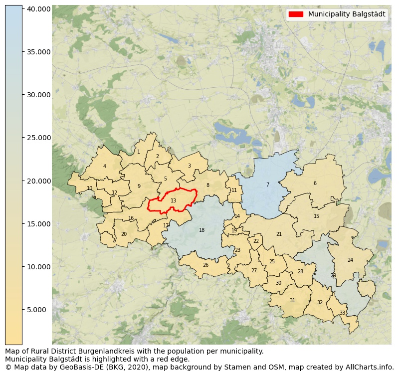 Map of Rural district Burgenlandkreis with the population per municipality.Municipality Balgstädt is highlighted with a red edge.. This page shows a lot of information about residents (such as the distribution by age groups, family composition, gender, native or German with an immigration background, ...), homes (numbers, types, price development, use, type of property, ...) and more (car ownership, energy consumption, ...) based on open data from the German Federal Agency for Cartography, the Federal Statistical Office (DESTATIS), the Regional Statistical Offices and various other sources!