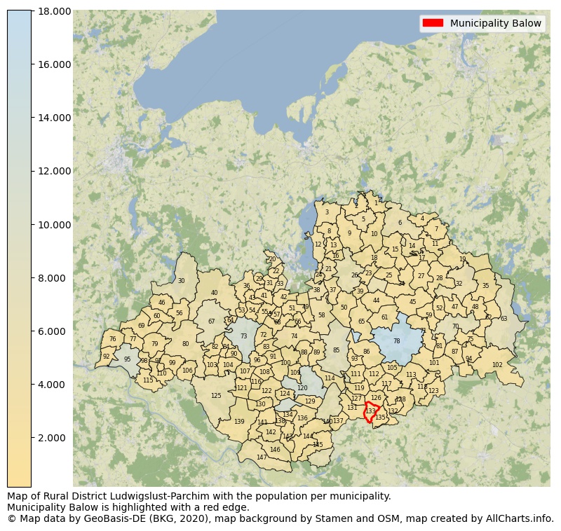 Map of Rural district Ludwigslust-Parchim with the population per municipality.Municipality Balow is highlighted with a red edge.. This page shows a lot of information about residents (such as the distribution by age groups, family composition, gender, native or German with an immigration background, ...), homes (numbers, types, price development, use, type of property, ...) and more (car ownership, energy consumption, ...) based on open data from the German Federal Agency for Cartography, the Federal Statistical Office (DESTATIS), the Regional Statistical Offices and various other sources!