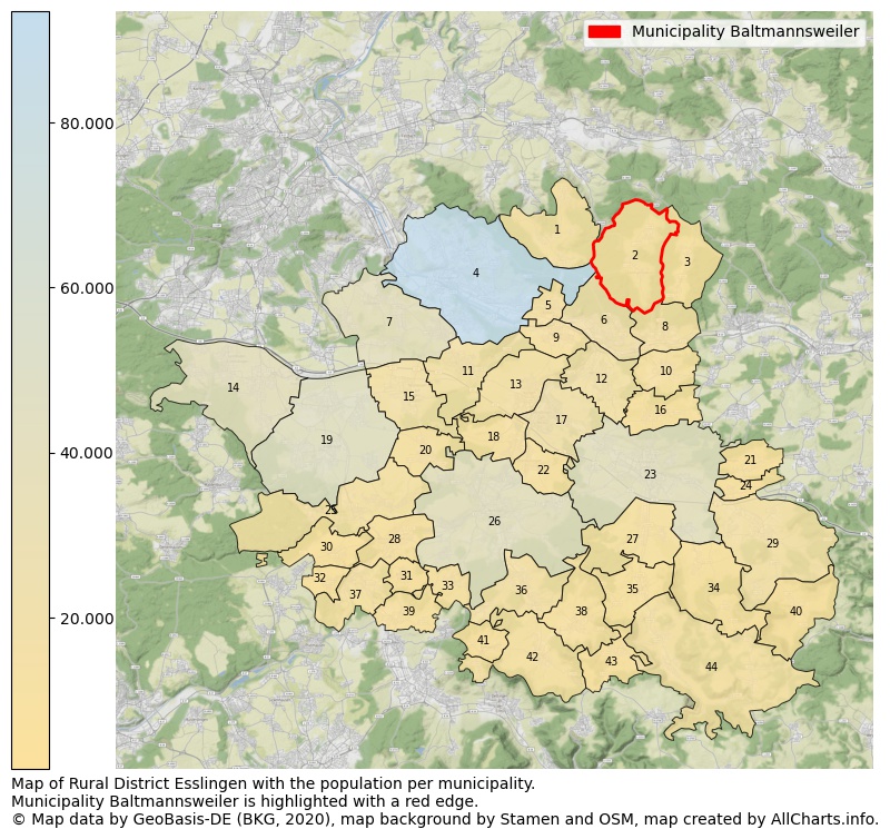 Map of Rural district Esslingen with the population per municipality.Municipality Baltmannsweiler is highlighted with a red edge.. This page shows a lot of information about residents (such as the distribution by age groups, family composition, gender, native or German with an immigration background, ...), homes (numbers, types, price development, use, type of property, ...) and more (car ownership, energy consumption, ...) based on open data from the German Federal Agency for Cartography, the Federal Statistical Office (DESTATIS), the Regional Statistical Offices and various other sources!