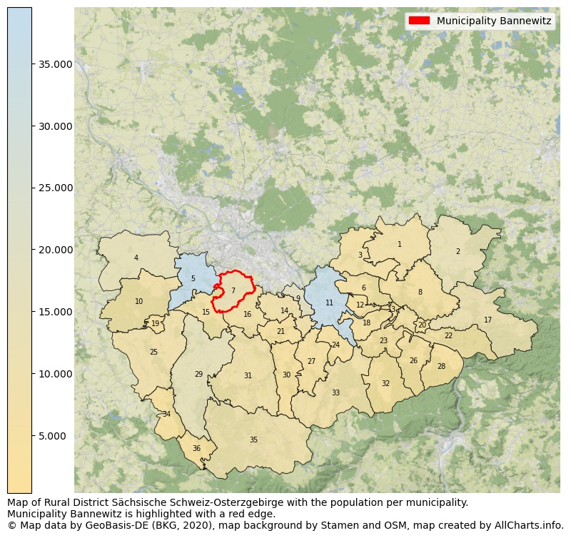 Map of Rural district Sächsische Schweiz-Osterzgebirge with the population per municipality.Municipality Bannewitz is highlighted with a red edge.. This page shows a lot of information about residents (such as the distribution by age groups, family composition, gender, native or German with an immigration background, ...), homes (numbers, types, price development, use, type of property, ...) and more (car ownership, energy consumption, ...) based on open data from the German Federal Agency for Cartography, the Federal Statistical Office (DESTATIS), the Regional Statistical Offices and various other sources!