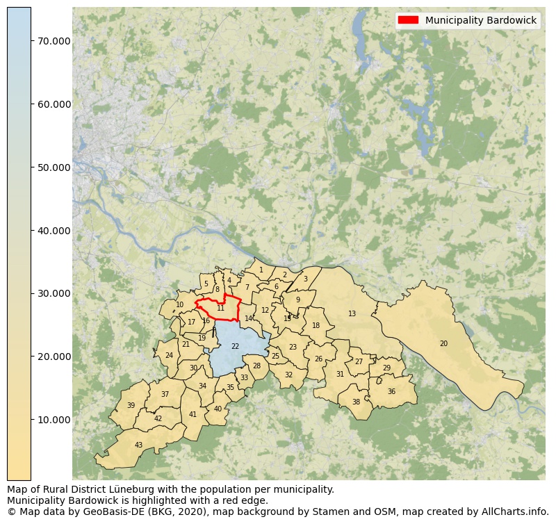 Map of Rural district Lüneburg with the population per municipality.Municipality Bardowick is highlighted with a red edge.. This page shows a lot of information about residents (such as the distribution by age groups, family composition, gender, native or German with an immigration background, ...), homes (numbers, types, price development, use, type of property, ...) and more (car ownership, energy consumption, ...) based on open data from the German Federal Agency for Cartography, the Federal Statistical Office (DESTATIS), the Regional Statistical Offices and various other sources!