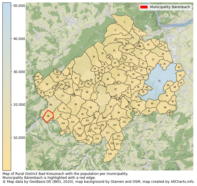 Map of Rural district Bad Kreuznach with the population per municipality.Municipality Bärenbach is highlighted with a red edge.. This page shows a lot of information about residents (such as the distribution by age groups, family composition, gender, native or German with an immigration background, ...), homes (numbers, types, price development, use, type of property, ...) and more (car ownership, energy consumption, ...) based on open data from the German Federal Agency for Cartography, the Federal Statistical Office (DESTATIS), the Regional Statistical Offices and various other sources!