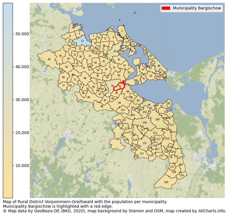 Map of Rural district Vorpommern-Greifswald with the population per municipality.Municipality Bargischow is highlighted with a red edge.. This page shows a lot of information about residents (such as the distribution by age groups, family composition, gender, native or German with an immigration background, ...), homes (numbers, types, price development, use, type of property, ...) and more (car ownership, energy consumption, ...) based on open data from the German Federal Agency for Cartography, the Federal Statistical Office (DESTATIS), the Regional Statistical Offices and various other sources!