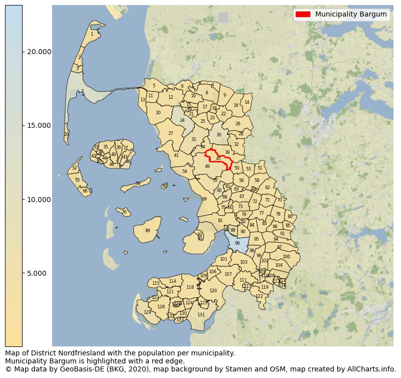 Map of District Nordfriesland with the population per municipality.Municipality Bargum is highlighted with a red edge.. This page shows a lot of information about residents (such as the distribution by age groups, family composition, gender, native or German with an immigration background, ...), homes (numbers, types, price development, use, type of property, ...) and more (car ownership, energy consumption, ...) based on open data from the German Federal Agency for Cartography, the Federal Statistical Office (DESTATIS), the Regional Statistical Offices and various other sources!