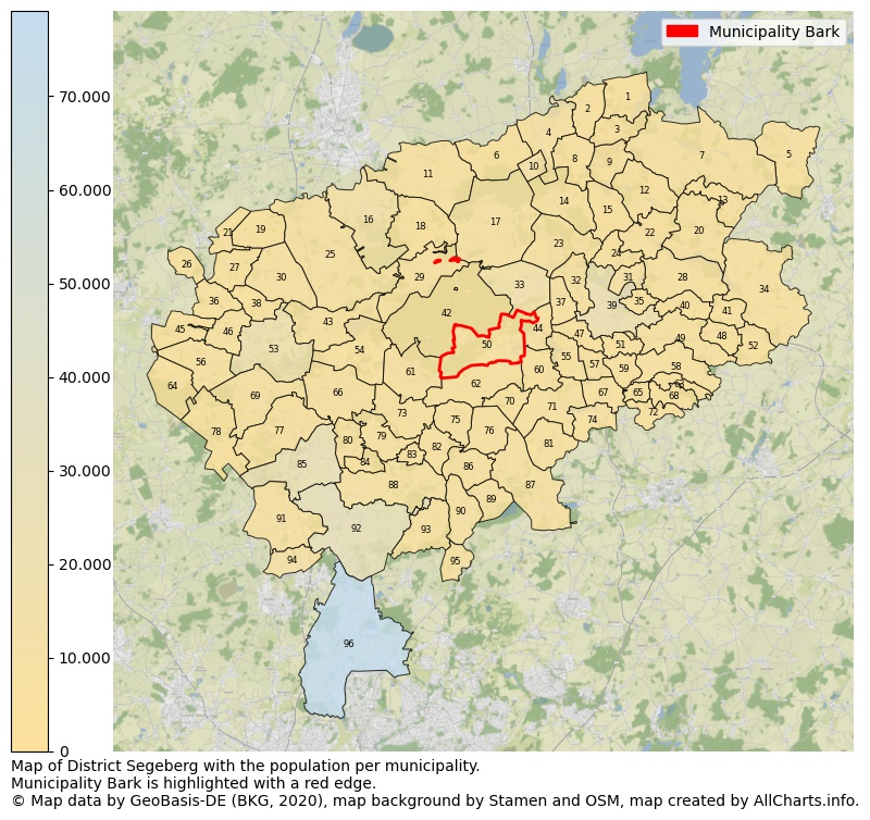 Map of District Segeberg with the population per municipality.Municipality Bark is highlighted with a red edge.. This page shows a lot of information about residents (such as the distribution by age groups, family composition, gender, native or German with an immigration background, ...), homes (numbers, types, price development, use, type of property, ...) and more (car ownership, energy consumption, ...) based on open data from the German Federal Agency for Cartography, the Federal Statistical Office (DESTATIS), the Regional Statistical Offices and various other sources!