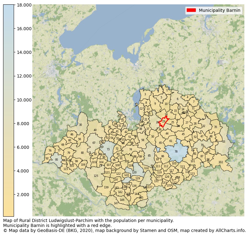 Map of Rural district Ludwigslust-Parchim with the population per municipality.Municipality Barnin is highlighted with a red edge.. This page shows a lot of information about residents (such as the distribution by age groups, family composition, gender, native or German with an immigration background, ...), homes (numbers, types, price development, use, type of property, ...) and more (car ownership, energy consumption, ...) based on open data from the German Federal Agency for Cartography, the Federal Statistical Office (DESTATIS), the Regional Statistical Offices and various other sources!