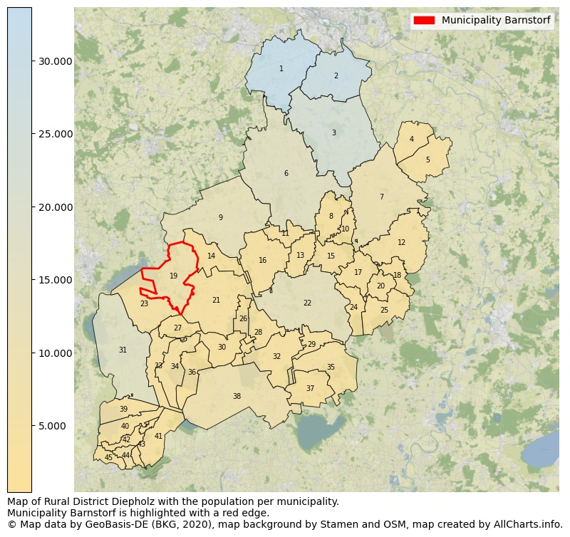 Map of Rural district Diepholz with the population per municipality.Municipality Barnstorf is highlighted with a red edge.. This page shows a lot of information about residents (such as the distribution by age groups, family composition, gender, native or German with an immigration background, ...), homes (numbers, types, price development, use, type of property, ...) and more (car ownership, energy consumption, ...) based on open data from the German Federal Agency for Cartography, the Federal Statistical Office (DESTATIS), the Regional Statistical Offices and various other sources!