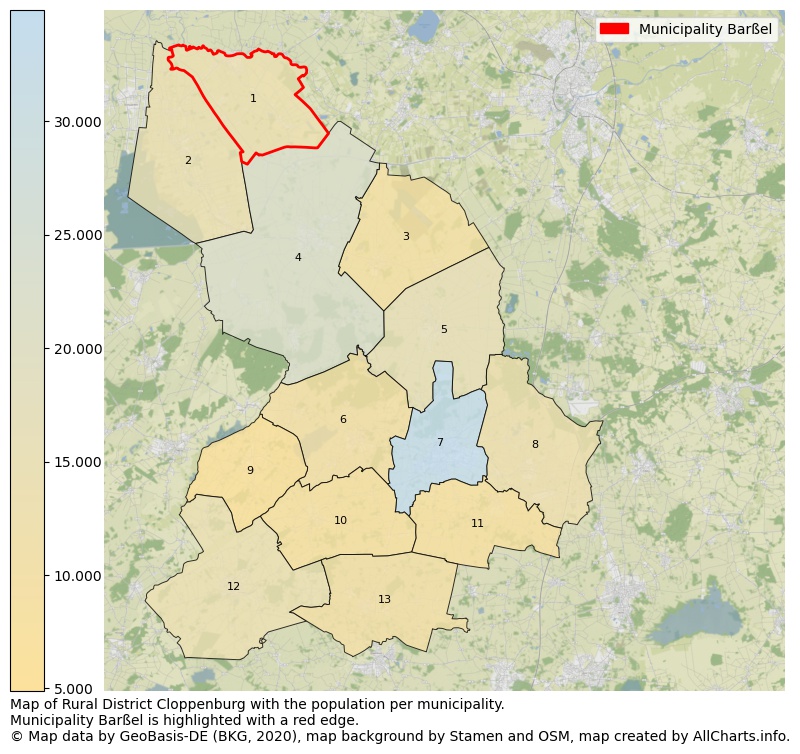 Map of Rural district Cloppenburg with the population per municipality.Municipality Barßel is highlighted with a red edge.. This page shows a lot of information about residents (such as the distribution by age groups, family composition, gender, native or German with an immigration background, ...), homes (numbers, types, price development, use, type of property, ...) and more (car ownership, energy consumption, ...) based on open data from the German Federal Agency for Cartography, the Federal Statistical Office (DESTATIS), the Regional Statistical Offices and various other sources!