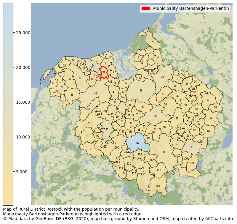 Map of Rural district Rostock with the population per municipality.Municipality Bartenshagen-Parkentin is highlighted with a red edge.. This page shows a lot of information about residents (such as the distribution by age groups, family composition, gender, native or German with an immigration background, ...), homes (numbers, types, price development, use, type of property, ...) and more (car ownership, energy consumption, ...) based on open data from the German Federal Agency for Cartography, the Federal Statistical Office (DESTATIS), the Regional Statistical Offices and various other sources!
