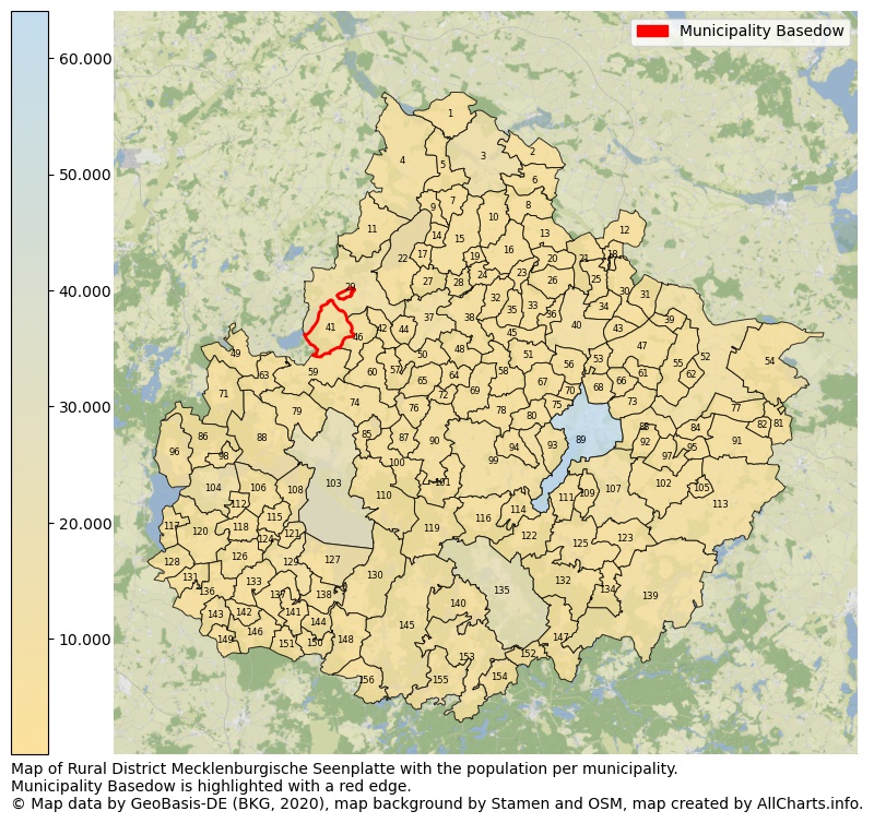 Map of Rural district Mecklenburgische Seenplatte with the population per municipality.Municipality Basedow is highlighted with a red edge.. This page shows a lot of information about residents (such as the distribution by age groups, family composition, gender, native or German with an immigration background, ...), homes (numbers, types, price development, use, type of property, ...) and more (car ownership, energy consumption, ...) based on open data from the German Federal Agency for Cartography, the Federal Statistical Office (DESTATIS), the Regional Statistical Offices and various other sources!