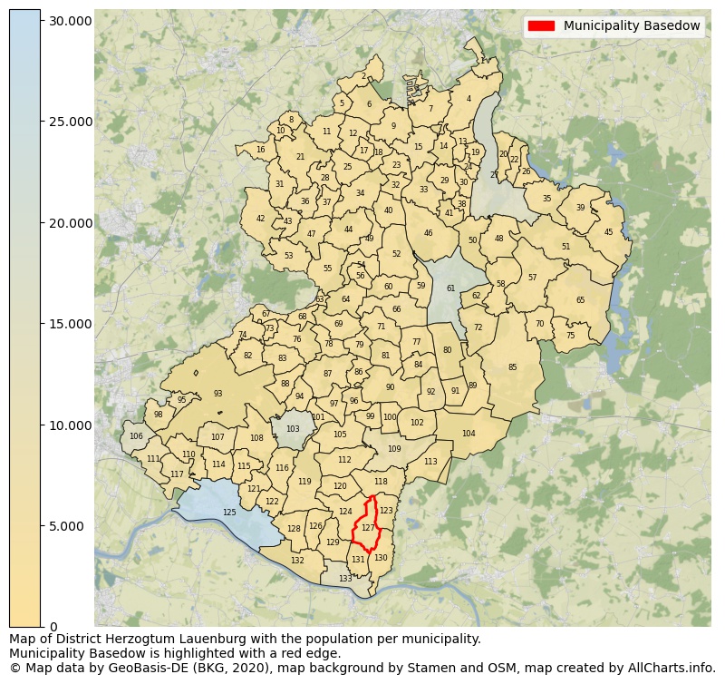 Map of District Herzogtum Lauenburg with the population per municipality.Municipality Basedow is highlighted with a red edge.. This page shows a lot of information about residents (such as the distribution by age groups, family composition, gender, native or German with an immigration background, ...), homes (numbers, types, price development, use, type of property, ...) and more (car ownership, energy consumption, ...) based on open data from the German Federal Agency for Cartography, the Federal Statistical Office (DESTATIS), the Regional Statistical Offices and various other sources!