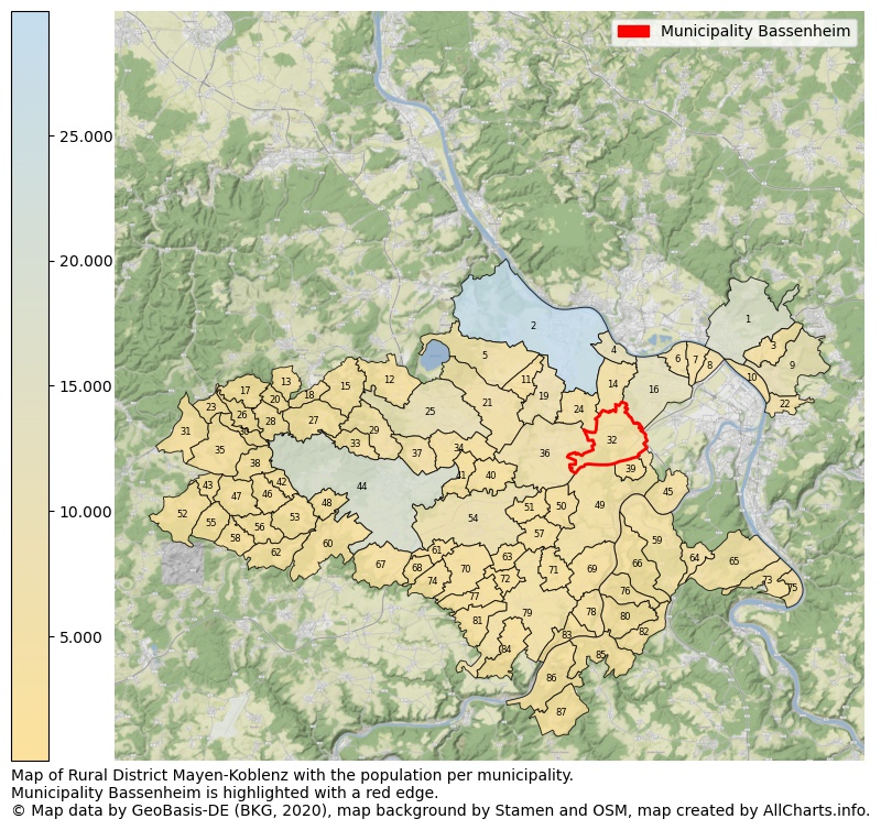 Map of Rural district Mayen-Koblenz with the population per municipality.Municipality Bassenheim is highlighted with a red edge.. This page shows a lot of information about residents (such as the distribution by age groups, family composition, gender, native or German with an immigration background, ...), homes (numbers, types, price development, use, type of property, ...) and more (car ownership, energy consumption, ...) based on open data from the German Federal Agency for Cartography, the Federal Statistical Office (DESTATIS), the Regional Statistical Offices and various other sources!