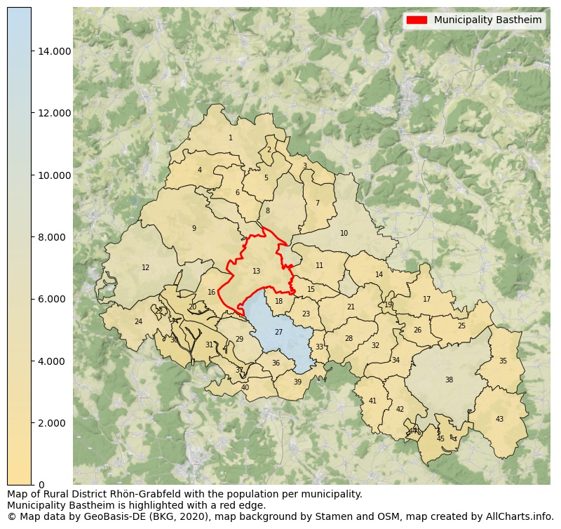 Map of Rural district Rhön-Grabfeld with the population per municipality.Municipality Bastheim is highlighted with a red edge.. This page shows a lot of information about residents (such as the distribution by age groups, family composition, gender, native or German with an immigration background, ...), homes (numbers, types, price development, use, type of property, ...) and more (car ownership, energy consumption, ...) based on open data from the German Federal Agency for Cartography, the Federal Statistical Office (DESTATIS), the Regional Statistical Offices and various other sources!