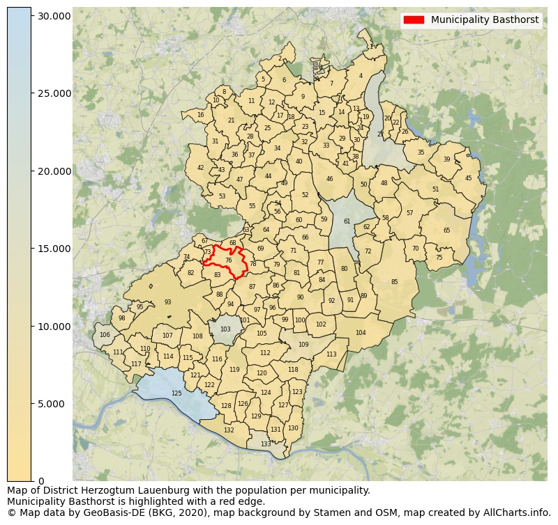 Map of District Herzogtum Lauenburg with the population per municipality.Municipality Basthorst is highlighted with a red edge.. This page shows a lot of information about residents (such as the distribution by age groups, family composition, gender, native or German with an immigration background, ...), homes (numbers, types, price development, use, type of property, ...) and more (car ownership, energy consumption, ...) based on open data from the German Federal Agency for Cartography, the Federal Statistical Office (DESTATIS), the Regional Statistical Offices and various other sources!