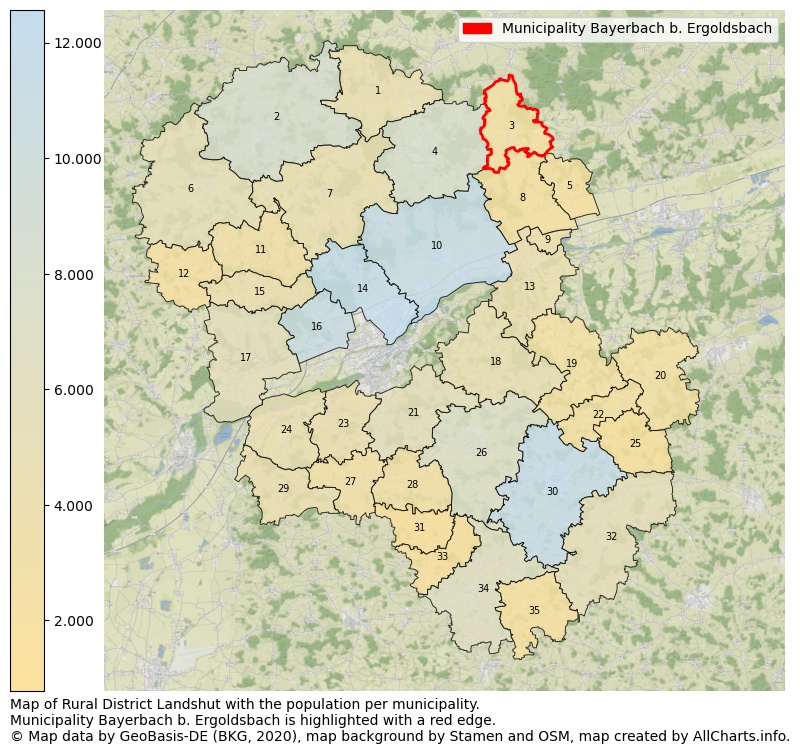 Map of Rural district Landshut with the population per municipality.Municipality Bayerbach b. Ergoldsbach is highlighted with a red edge.. This page shows a lot of information about residents (such as the distribution by age groups, family composition, gender, native or German with an immigration background, ...), homes (numbers, types, price development, use, type of property, ...) and more (car ownership, energy consumption, ...) based on open data from the German Federal Agency for Cartography, the Federal Statistical Office (DESTATIS), the Regional Statistical Offices and various other sources!