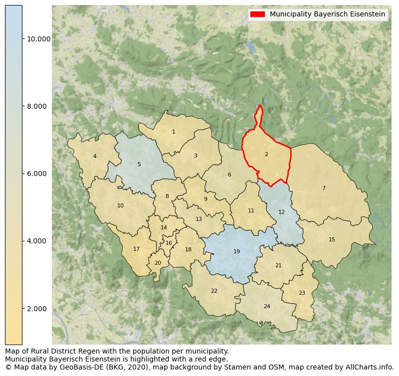 Map of Rural district Regen with the population per municipality.Municipality Bayerisch Eisenstein is highlighted with a red edge.. This page shows a lot of information about residents (such as the distribution by age groups, family composition, gender, native or German with an immigration background, ...), homes (numbers, types, price development, use, type of property, ...) and more (car ownership, energy consumption, ...) based on open data from the German Federal Agency for Cartography, the Federal Statistical Office (DESTATIS), the Regional Statistical Offices and various other sources!