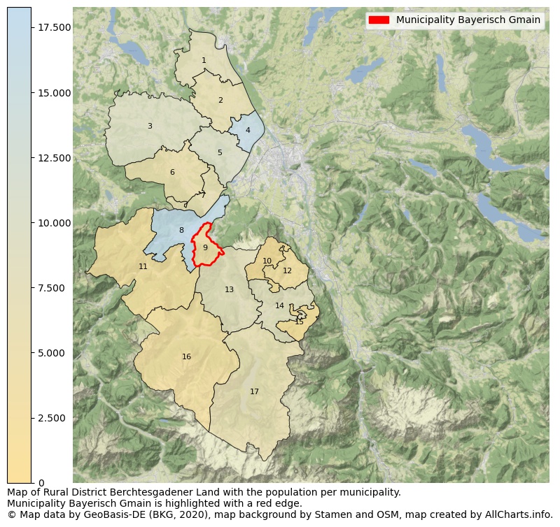 Map of Rural district Berchtesgadener Land with the population per municipality.Municipality Bayerisch Gmain is highlighted with a red edge.. This page shows a lot of information about residents (such as the distribution by age groups, family composition, gender, native or German with an immigration background, ...), homes (numbers, types, price development, use, type of property, ...) and more (car ownership, energy consumption, ...) based on open data from the German Federal Agency for Cartography, the Federal Statistical Office (DESTATIS), the Regional Statistical Offices and various other sources!