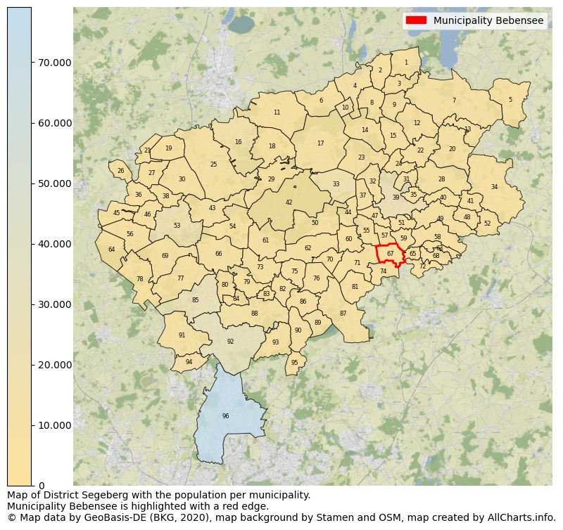 Map of District Segeberg with the population per municipality.Municipality Bebensee is highlighted with a red edge.. This page shows a lot of information about residents (such as the distribution by age groups, family composition, gender, native or German with an immigration background, ...), homes (numbers, types, price development, use, type of property, ...) and more (car ownership, energy consumption, ...) based on open data from the German Federal Agency for Cartography, the Federal Statistical Office (DESTATIS), the Regional Statistical Offices and various other sources!