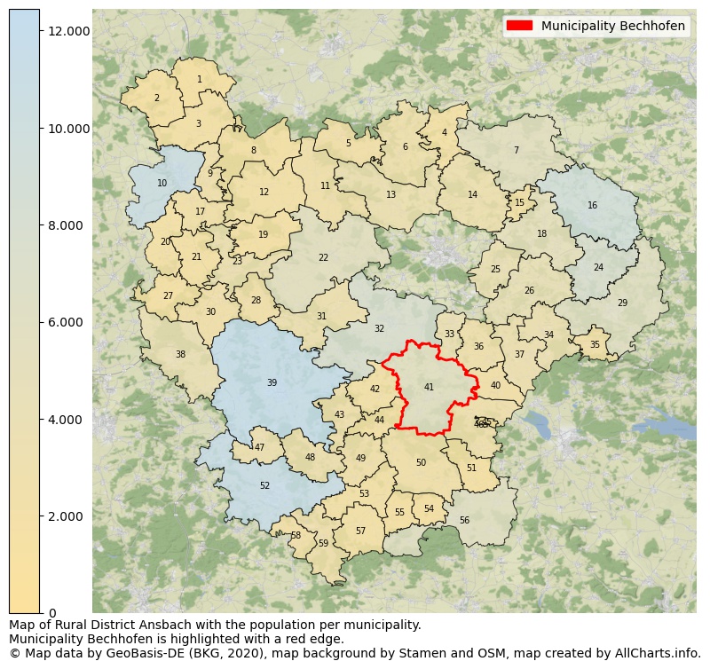 Map of Rural district Ansbach with the population per municipality.Municipality Bechhofen is highlighted with a red edge.. This page shows a lot of information about residents (such as the distribution by age groups, family composition, gender, native or German with an immigration background, ...), homes (numbers, types, price development, use, type of property, ...) and more (car ownership, energy consumption, ...) based on open data from the German Federal Agency for Cartography, the Federal Statistical Office (DESTATIS), the Regional Statistical Offices and various other sources!