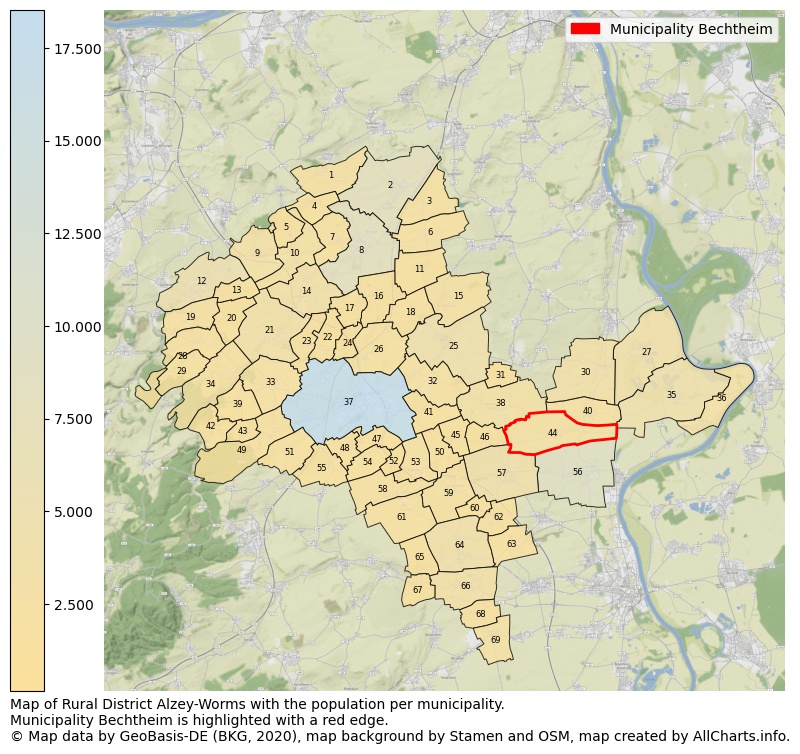 Map of Rural district Alzey-Worms with the population per municipality.Municipality Bechtheim is highlighted with a red edge.. This page shows a lot of information about residents (such as the distribution by age groups, family composition, gender, native or German with an immigration background, ...), homes (numbers, types, price development, use, type of property, ...) and more (car ownership, energy consumption, ...) based on open data from the German Federal Agency for Cartography, the Federal Statistical Office (DESTATIS), the Regional Statistical Offices and various other sources!