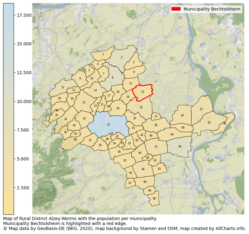 Map of Rural district Alzey-Worms with the population per municipality.Municipality Bechtolsheim is highlighted with a red edge.. This page shows a lot of information about residents (such as the distribution by age groups, family composition, gender, native or German with an immigration background, ...), homes (numbers, types, price development, use, type of property, ...) and more (car ownership, energy consumption, ...) based on open data from the German Federal Agency for Cartography, the Federal Statistical Office (DESTATIS), the Regional Statistical Offices and various other sources!