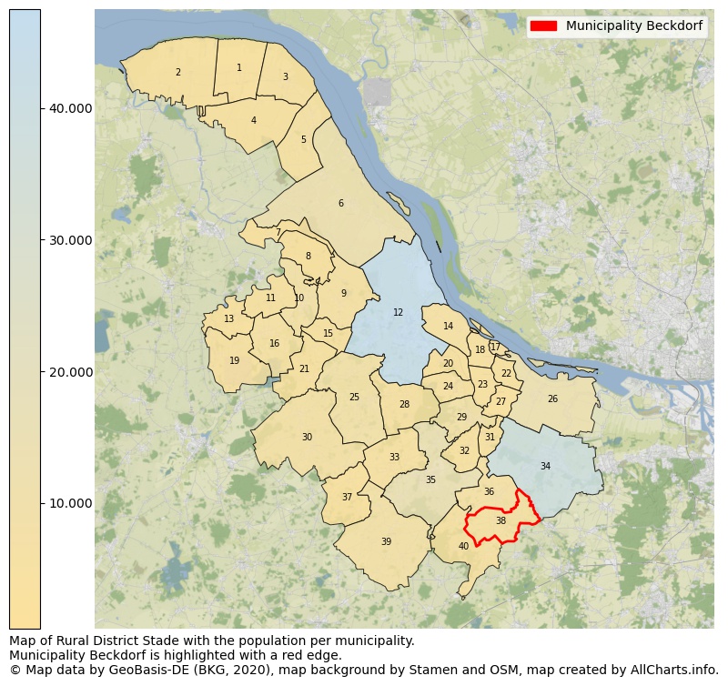 Map of Rural district Stade with the population per municipality.Municipality Beckdorf is highlighted with a red edge.. This page shows a lot of information about residents (such as the distribution by age groups, family composition, gender, native or German with an immigration background, ...), homes (numbers, types, price development, use, type of property, ...) and more (car ownership, energy consumption, ...) based on open data from the German Federal Agency for Cartography, the Federal Statistical Office (DESTATIS), the Regional Statistical Offices and various other sources!
