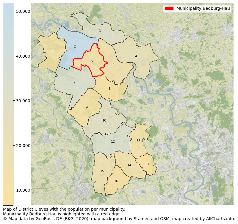Map of District Cleves with the population per municipality.Municipality Bedburg-Hau is highlighted with a red edge.. This page shows a lot of information about residents (such as the distribution by age groups, family composition, gender, native or German with an immigration background, ...), homes (numbers, types, price development, use, type of property, ...) and more (car ownership, energy consumption, ...) based on open data from the German Federal Agency for Cartography, the Federal Statistical Office (DESTATIS), the Regional Statistical Offices and various other sources!