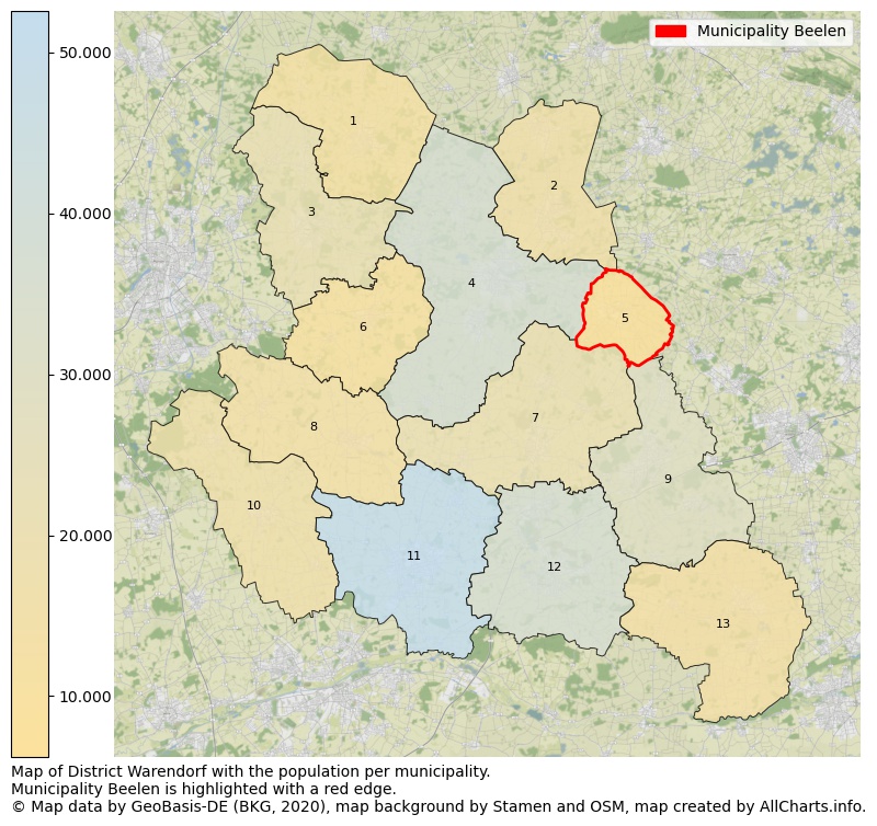 Map of District Warendorf with the population per municipality.Municipality Beelen is highlighted with a red edge.. This page shows a lot of information about residents (such as the distribution by age groups, family composition, gender, native or German with an immigration background, ...), homes (numbers, types, price development, use, type of property, ...) and more (car ownership, energy consumption, ...) based on open data from the German Federal Agency for Cartography, the Federal Statistical Office (DESTATIS), the Regional Statistical Offices and various other sources!