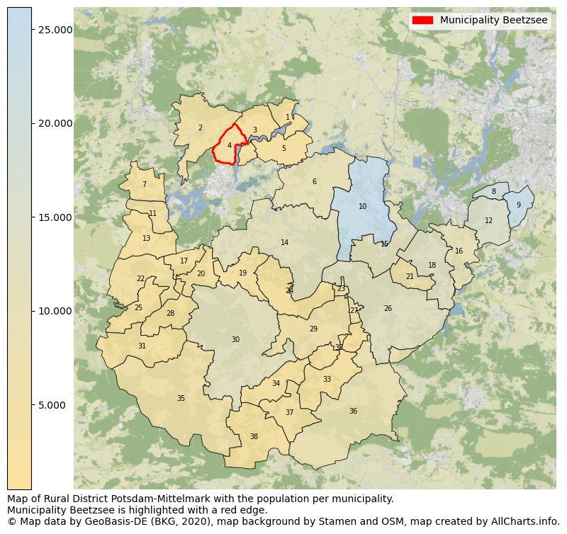 Map of Rural district Potsdam-Mittelmark with the population per municipality.Municipality Beetzsee is highlighted with a red edge.. This page shows a lot of information about residents (such as the distribution by age groups, family composition, gender, native or German with an immigration background, ...), homes (numbers, types, price development, use, type of property, ...) and more (car ownership, energy consumption, ...) based on open data from the German Federal Agency for Cartography, the Federal Statistical Office (DESTATIS), the Regional Statistical Offices and various other sources!