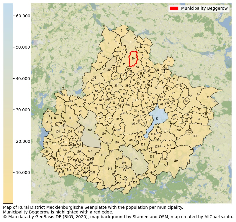 Map of Rural district Mecklenburgische Seenplatte with the population per municipality.Municipality Beggerow is highlighted with a red edge.. This page shows a lot of information about residents (such as the distribution by age groups, family composition, gender, native or German with an immigration background, ...), homes (numbers, types, price development, use, type of property, ...) and more (car ownership, energy consumption, ...) based on open data from the German Federal Agency for Cartography, the Federal Statistical Office (DESTATIS), the Regional Statistical Offices and various other sources!