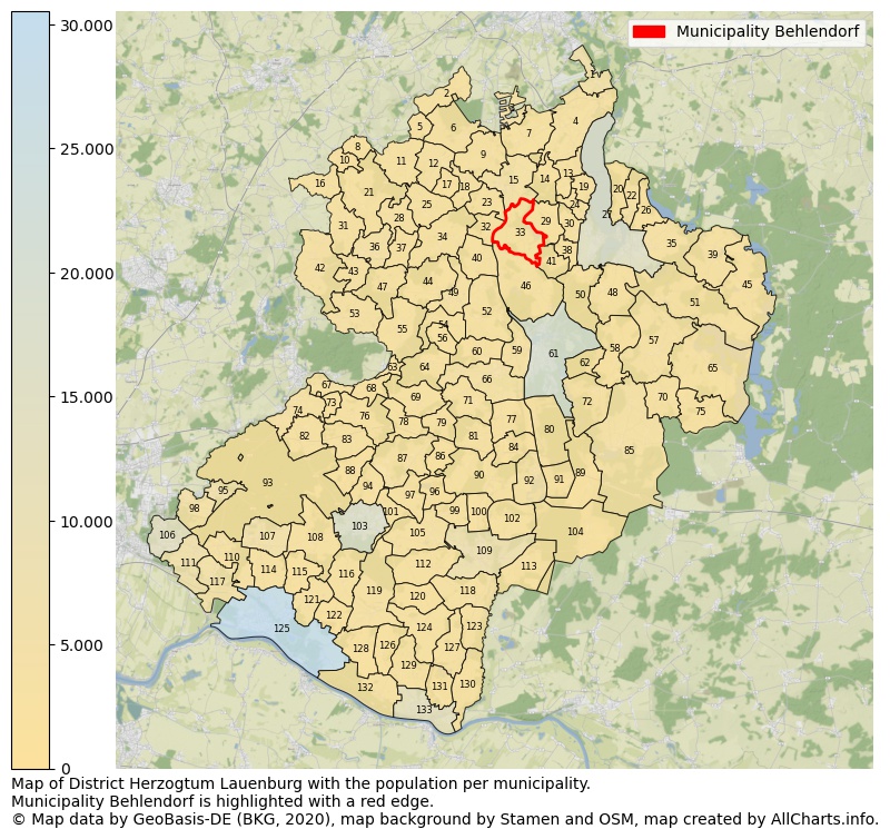 Map of District Herzogtum Lauenburg with the population per municipality.Municipality Behlendorf is highlighted with a red edge.. This page shows a lot of information about residents (such as the distribution by age groups, family composition, gender, native or German with an immigration background, ...), homes (numbers, types, price development, use, type of property, ...) and more (car ownership, energy consumption, ...) based on open data from the German Federal Agency for Cartography, the Federal Statistical Office (DESTATIS), the Regional Statistical Offices and various other sources!