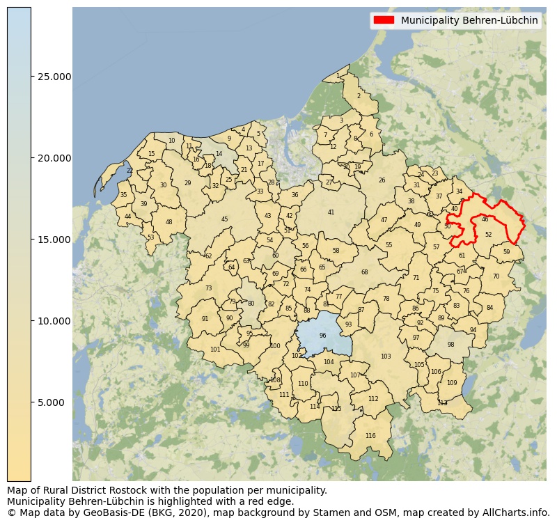 Map of Rural district Rostock with the population per municipality.Municipality Behren-Lübchin is highlighted with a red edge.. This page shows a lot of information about residents (such as the distribution by age groups, family composition, gender, native or German with an immigration background, ...), homes (numbers, types, price development, use, type of property, ...) and more (car ownership, energy consumption, ...) based on open data from the German Federal Agency for Cartography, the Federal Statistical Office (DESTATIS), the Regional Statistical Offices and various other sources!