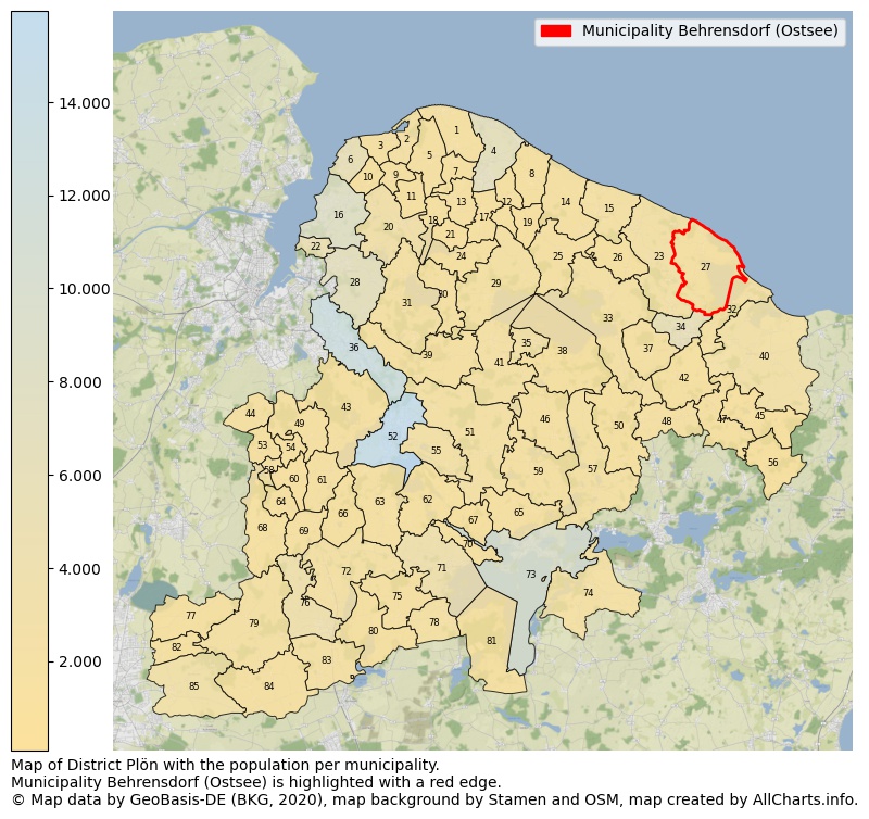 Map of District Plön with the population per municipality.Municipality Behrensdorf (Ostsee) is highlighted with a red edge.. This page shows a lot of information about residents (such as the distribution by age groups, family composition, gender, native or German with an immigration background, ...), homes (numbers, types, price development, use, type of property, ...) and more (car ownership, energy consumption, ...) based on open data from the German Federal Agency for Cartography, the Federal Statistical Office (DESTATIS), the Regional Statistical Offices and various other sources!