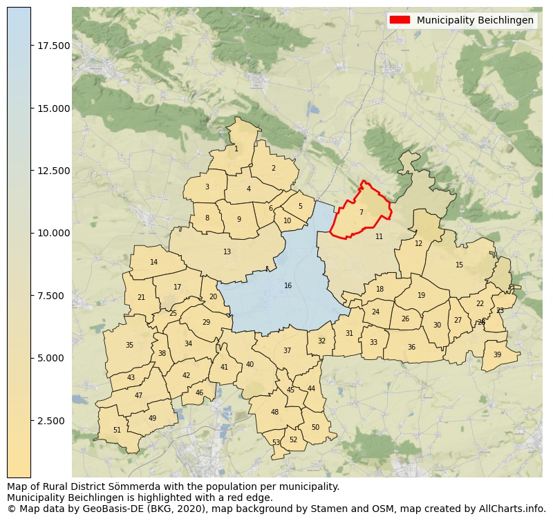 Map of Rural district Sömmerda with the population per municipality.Municipality Beichlingen is highlighted with a red edge.. This page shows a lot of information about residents (such as the distribution by age groups, family composition, gender, native or German with an immigration background, ...), homes (numbers, types, price development, use, type of property, ...) and more (car ownership, energy consumption, ...) based on open data from the German Federal Agency for Cartography, the Federal Statistical Office (DESTATIS), the Regional Statistical Offices and various other sources!