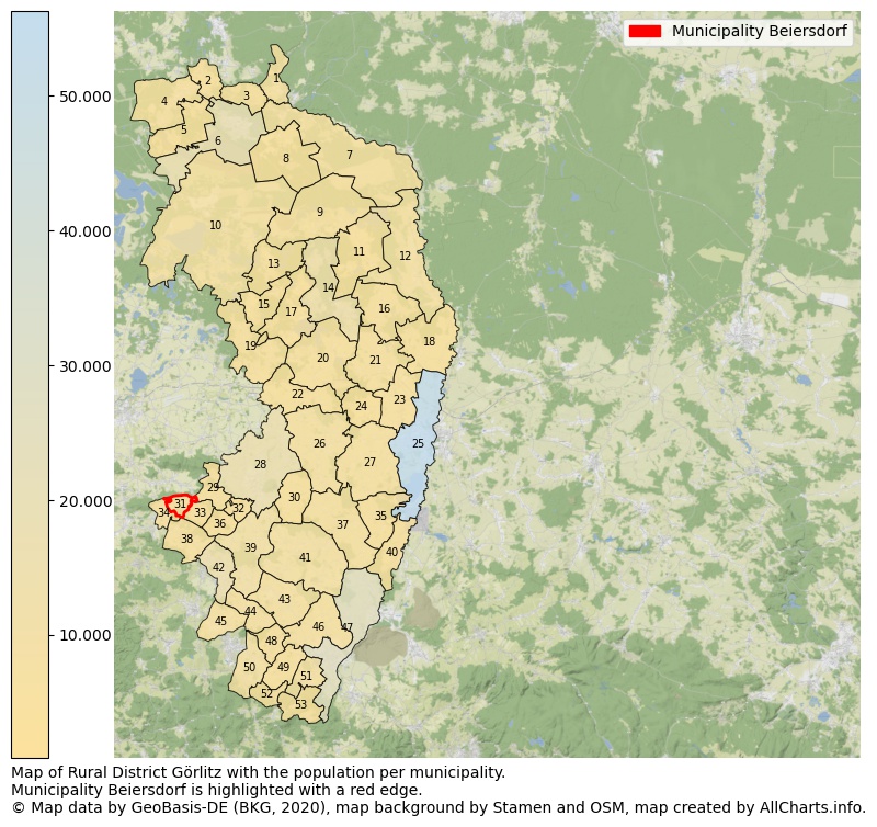 Map of Rural district Görlitz with the population per municipality.Municipality Beiersdorf is highlighted with a red edge.. This page shows a lot of information about residents (such as the distribution by age groups, family composition, gender, native or German with an immigration background, ...), homes (numbers, types, price development, use, type of property, ...) and more (car ownership, energy consumption, ...) based on open data from the German Federal Agency for Cartography, the Federal Statistical Office (DESTATIS), the Regional Statistical Offices and various other sources!