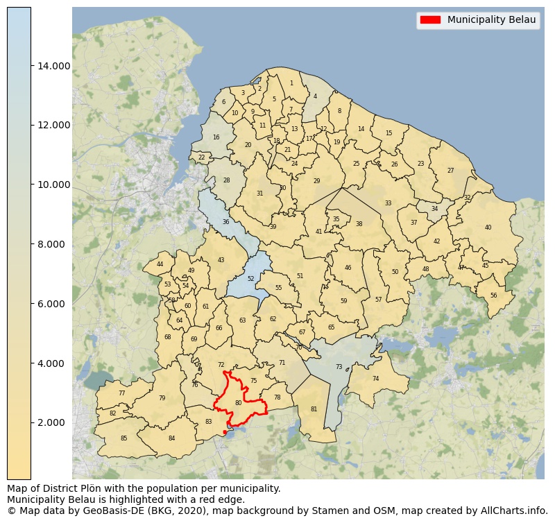 Map of District Plön with the population per municipality.Municipality Belau is highlighted with a red edge.. This page shows a lot of information about residents (such as the distribution by age groups, family composition, gender, native or German with an immigration background, ...), homes (numbers, types, price development, use, type of property, ...) and more (car ownership, energy consumption, ...) based on open data from the German Federal Agency for Cartography, the Federal Statistical Office (DESTATIS), the Regional Statistical Offices and various other sources!