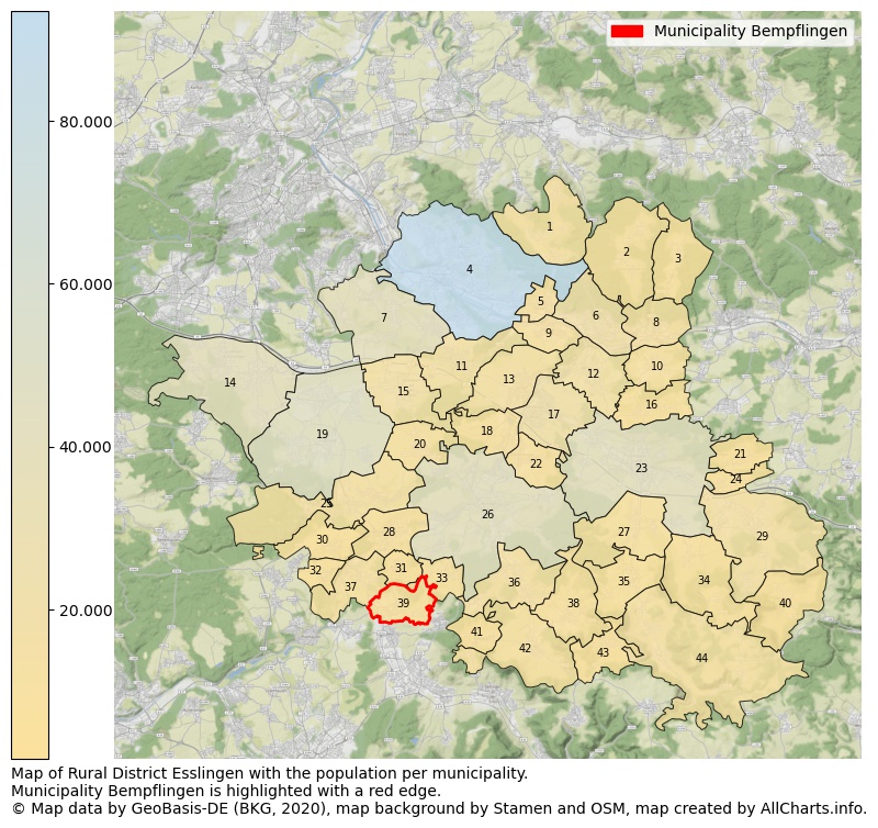 Map of Rural district Esslingen with the population per municipality.Municipality Bempflingen is highlighted with a red edge.. This page shows a lot of information about residents (such as the distribution by age groups, family composition, gender, native or German with an immigration background, ...), homes (numbers, types, price development, use, type of property, ...) and more (car ownership, energy consumption, ...) based on open data from the German Federal Agency for Cartography, the Federal Statistical Office (DESTATIS), the Regional Statistical Offices and various other sources!