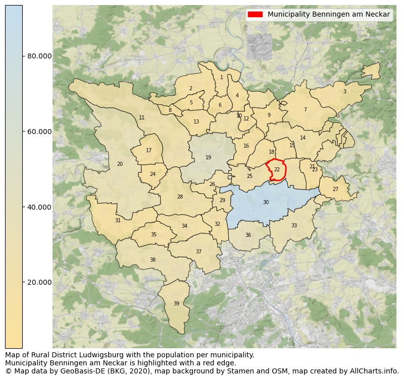 Map of Rural district Ludwigsburg with the population per municipality.Municipality Benningen am Neckar is highlighted with a red edge.. This page shows a lot of information about residents (such as the distribution by age groups, family composition, gender, native or German with an immigration background, ...), homes (numbers, types, price development, use, type of property, ...) and more (car ownership, energy consumption, ...) based on open data from the German Federal Agency for Cartography, the Federal Statistical Office (DESTATIS), the Regional Statistical Offices and various other sources!