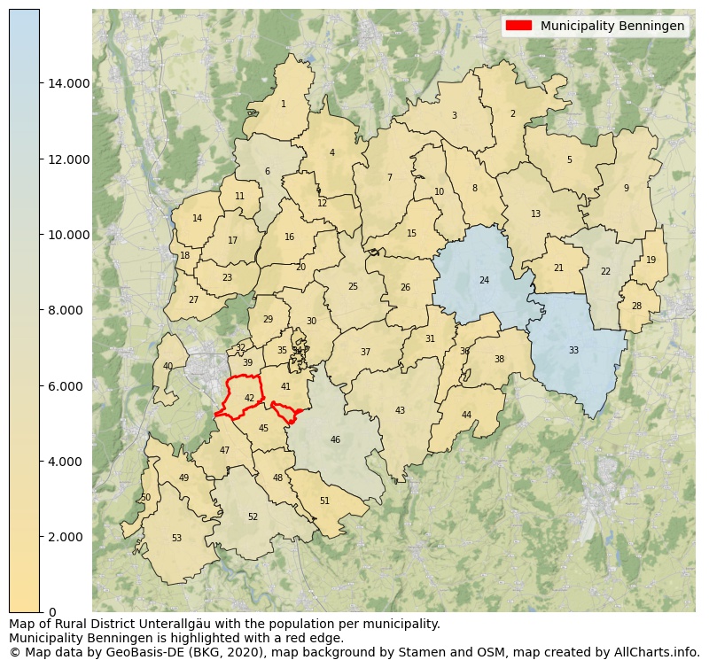 Map of Rural district Unterallgäu with the population per municipality.Municipality Benningen is highlighted with a red edge.. This page shows a lot of information about residents (such as the distribution by age groups, family composition, gender, native or German with an immigration background, ...), homes (numbers, types, price development, use, type of property, ...) and more (car ownership, energy consumption, ...) based on open data from the German Federal Agency for Cartography, the Federal Statistical Office (DESTATIS), the Regional Statistical Offices and various other sources!