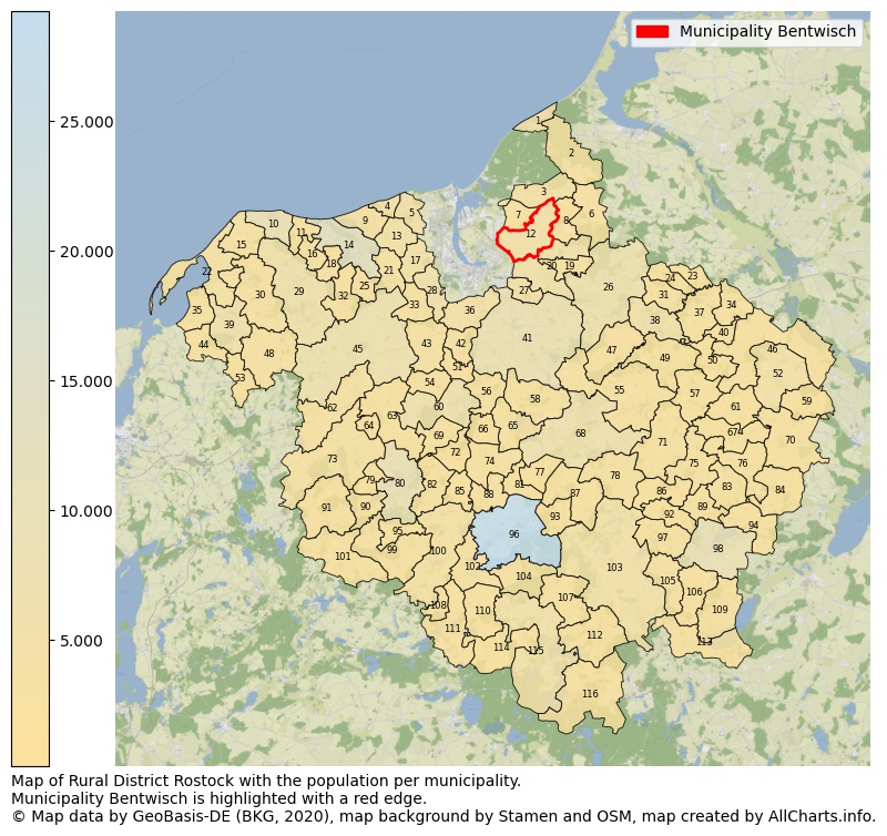 Map of Rural district Rostock with the population per municipality.Municipality Bentwisch is highlighted with a red edge.. This page shows a lot of information about residents (such as the distribution by age groups, family composition, gender, native or German with an immigration background, ...), homes (numbers, types, price development, use, type of property, ...) and more (car ownership, energy consumption, ...) based on open data from the German Federal Agency for Cartography, the Federal Statistical Office (DESTATIS), the Regional Statistical Offices and various other sources!