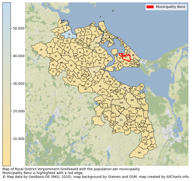 Map of Rural district Vorpommern-Greifswald with the population per municipality.Municipality Benz is highlighted with a red edge.. This page shows a lot of information about residents (such as the distribution by age groups, family composition, gender, native or German with an immigration background, ...), homes (numbers, types, price development, use, type of property, ...) and more (car ownership, energy consumption, ...) based on open data from the German Federal Agency for Cartography, the Federal Statistical Office (DESTATIS), the Regional Statistical Offices and various other sources!