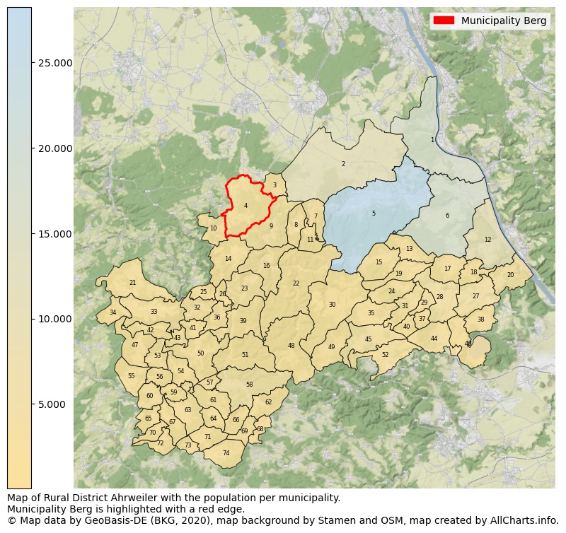 Map of Rural district Ahrweiler with the population per municipality.Municipality Berg is highlighted with a red edge.. This page shows a lot of information about residents (such as the distribution by age groups, family composition, gender, native or German with an immigration background, ...), homes (numbers, types, price development, use, type of property, ...) and more (car ownership, energy consumption, ...) based on open data from the German Federal Agency for Cartography, the Federal Statistical Office (DESTATIS), the Regional Statistical Offices and various other sources!