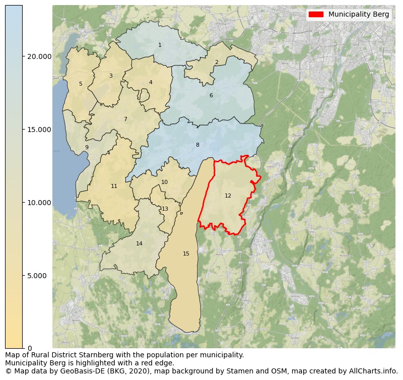 Map of Rural district Starnberg with the population per municipality.Municipality Berg is highlighted with a red edge.. This page shows a lot of information about residents (such as the distribution by age groups, family composition, gender, native or German with an immigration background, ...), homes (numbers, types, price development, use, type of property, ...) and more (car ownership, energy consumption, ...) based on open data from the German Federal Agency for Cartography, the Federal Statistical Office (DESTATIS), the Regional Statistical Offices and various other sources!
