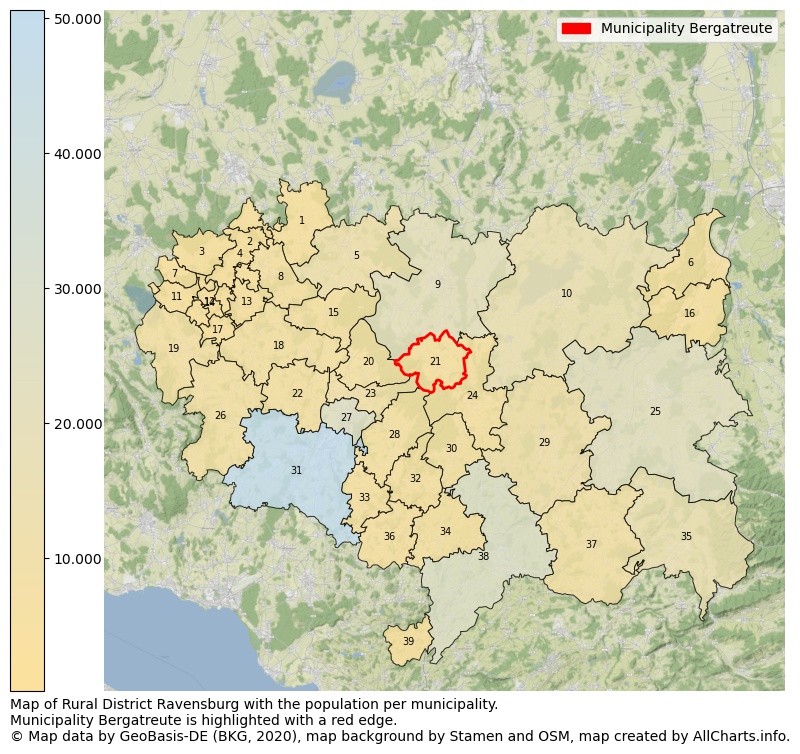 Map of Rural district Ravensburg with the population per municipality.Municipality Bergatreute is highlighted with a red edge.. This page shows a lot of information about residents (such as the distribution by age groups, family composition, gender, native or German with an immigration background, ...), homes (numbers, types, price development, use, type of property, ...) and more (car ownership, energy consumption, ...) based on open data from the German Federal Agency for Cartography, the Federal Statistical Office (DESTATIS), the Regional Statistical Offices and various other sources!
