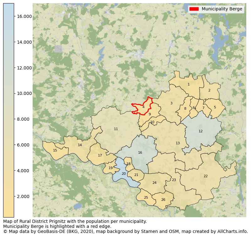 Map of Rural district Prignitz with the population per municipality.Municipality Berge is highlighted with a red edge.. This page shows a lot of information about residents (such as the distribution by age groups, family composition, gender, native or German with an immigration background, ...), homes (numbers, types, price development, use, type of property, ...) and more (car ownership, energy consumption, ...) based on open data from the German Federal Agency for Cartography, the Federal Statistical Office (DESTATIS), the Regional Statistical Offices and various other sources!