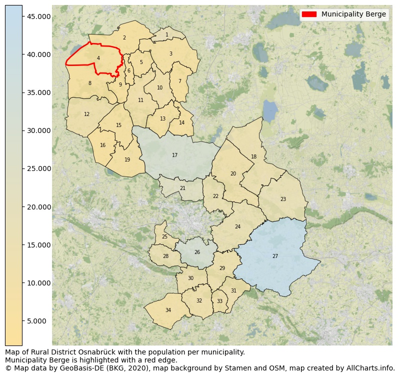 Map of Rural district Osnabrück with the population per municipality.Municipality Berge is highlighted with a red edge.. This page shows a lot of information about residents (such as the distribution by age groups, family composition, gender, native or German with an immigration background, ...), homes (numbers, types, price development, use, type of property, ...) and more (car ownership, energy consumption, ...) based on open data from the German Federal Agency for Cartography, the Federal Statistical Office (DESTATIS), the Regional Statistical Offices and various other sources!