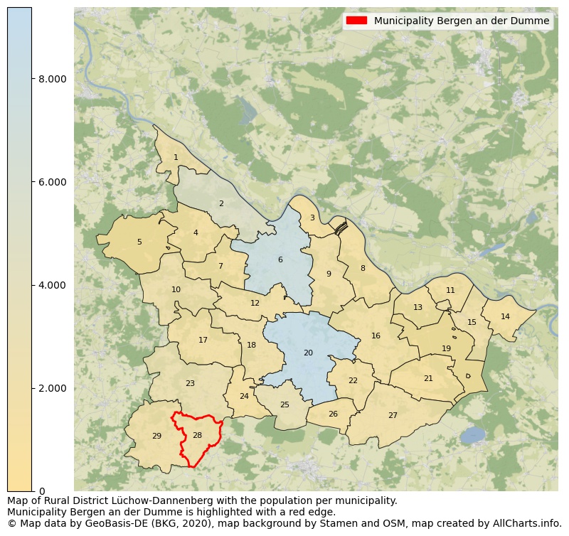 Map of Rural district Lüchow-Dannenberg with the population per municipality.Municipality Bergen an der Dumme is highlighted with a red edge.. This page shows a lot of information about residents (such as the distribution by age groups, family composition, gender, native or German with an immigration background, ...), homes (numbers, types, price development, use, type of property, ...) and more (car ownership, energy consumption, ...) based on open data from the German Federal Agency for Cartography, the Federal Statistical Office (DESTATIS), the Regional Statistical Offices and various other sources!