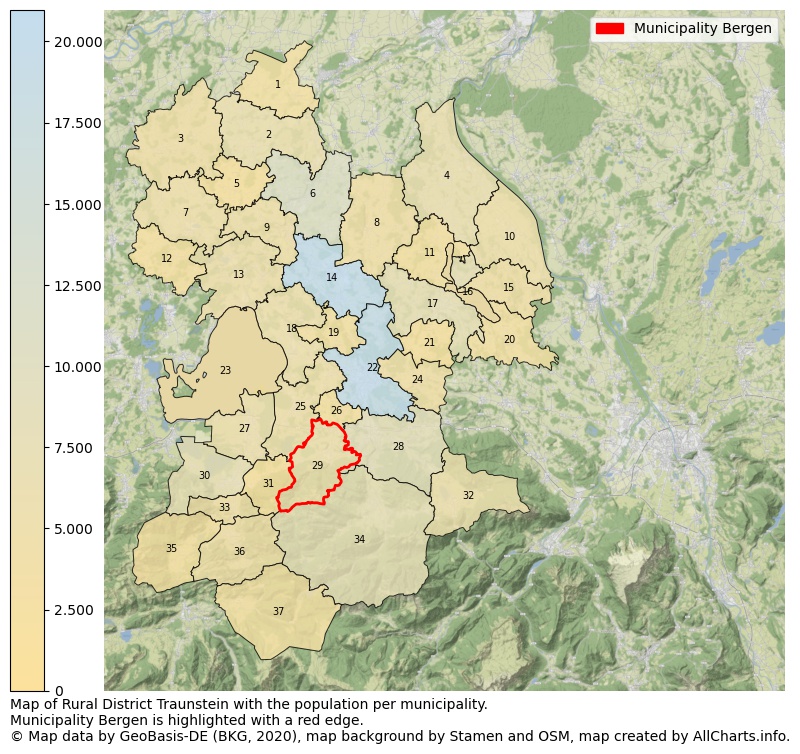 Map of Rural district Traunstein with the population per municipality.Municipality Bergen is highlighted with a red edge.. This page shows a lot of information about residents (such as the distribution by age groups, family composition, gender, native or German with an immigration background, ...), homes (numbers, types, price development, use, type of property, ...) and more (car ownership, energy consumption, ...) based on open data from the German Federal Agency for Cartography, the Federal Statistical Office (DESTATIS), the Regional Statistical Offices and various other sources!